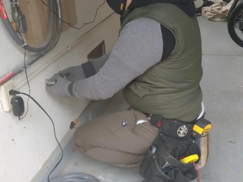 Electrician performing outlet wiring in a Jaffrey garage